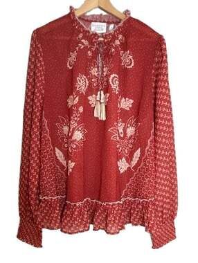 Bohera Red Floral Print Ruffle Hem Blouse, Boho Puff Sleeve, Size XL